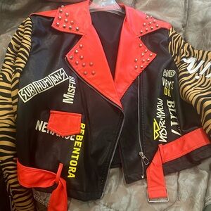 Custom made Red & Black Studded Faux Leather Moto Jacket